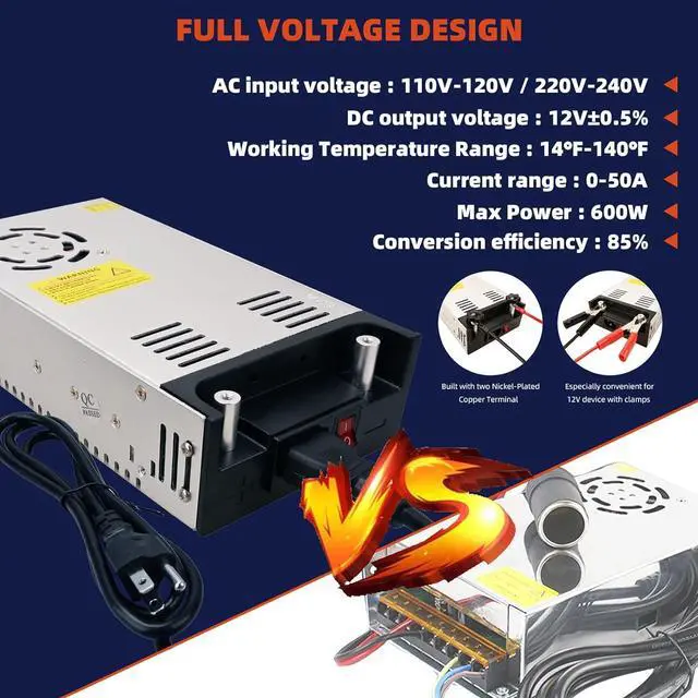 Alt view image 4 of 7 - New Version Converter, 110V AC to 12V DC Converter Power Supply 12V 600W 50A DC Switch Transformer for RV,Pump,LED Strip, LCD Monitor