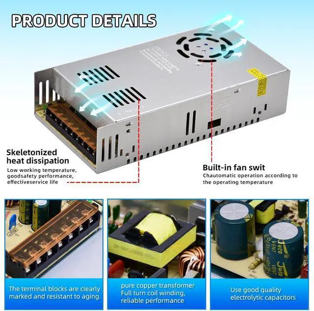 Alt view image 3 of 6 - 110V AC to 12V DC Transformer, 12V 500W 40A Switching Power Converter, Built-in Cooling Fan, with Various Power adapters.