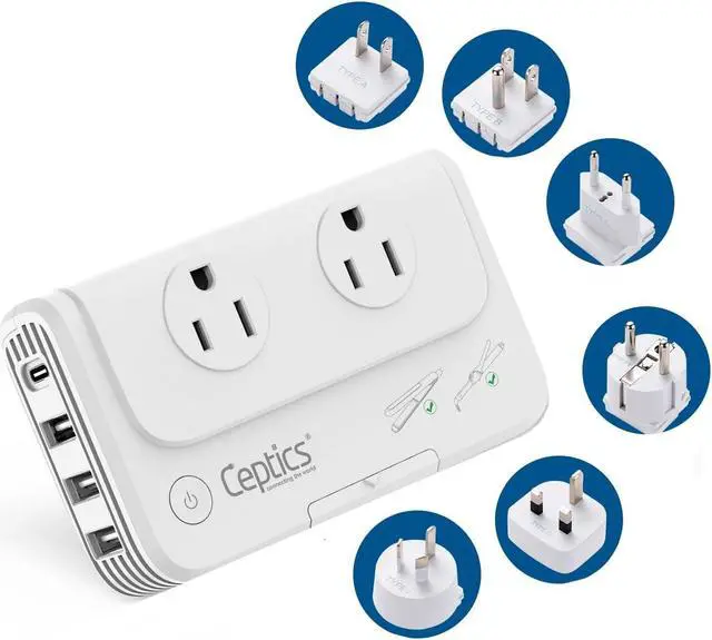 Main image of Ceptics Travel Voltage Converter -200W Convert 220V to 110V for Curling Iron, Straightener, Charger Step Down World Power Plug - 4 USB PD 18W Fast Charging - SWadApt - Type A, B, C, E/F, G, I Include