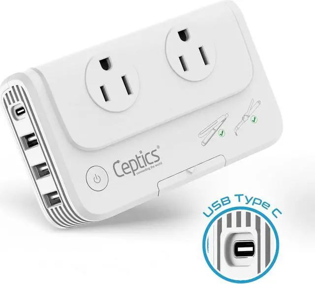 Alt view image 2 of 7 - Ceptics European Travel Voltage Converter, 200W Adapter for Curling Iron, Straightener, Charger, Step Down World Power Plug - 4 USB PD 18W Fast Charging - SWadApt Compatible - Type C, E/F, G Included