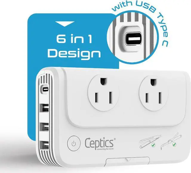 Alt view image 5 of 7 - Ceptics European Travel Voltage Converter, 200W Adapter for Curling Iron, Straightener, Charger, Step Down World Power Plug - 4 USB PD 18W Fast Charging - SWadApt Compatible - Type C, E/F, G Included