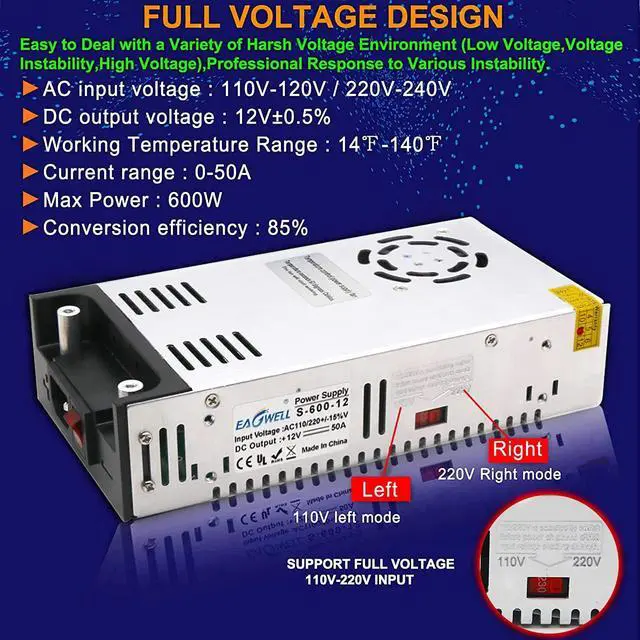 Alt view image 3 of 7 - New Version AC to DC Converter, EAGWELL SMPS 110V AC to 12V DC Converter Power Supply Adjustable Switch Power Supply Transformer Max 50A 600W