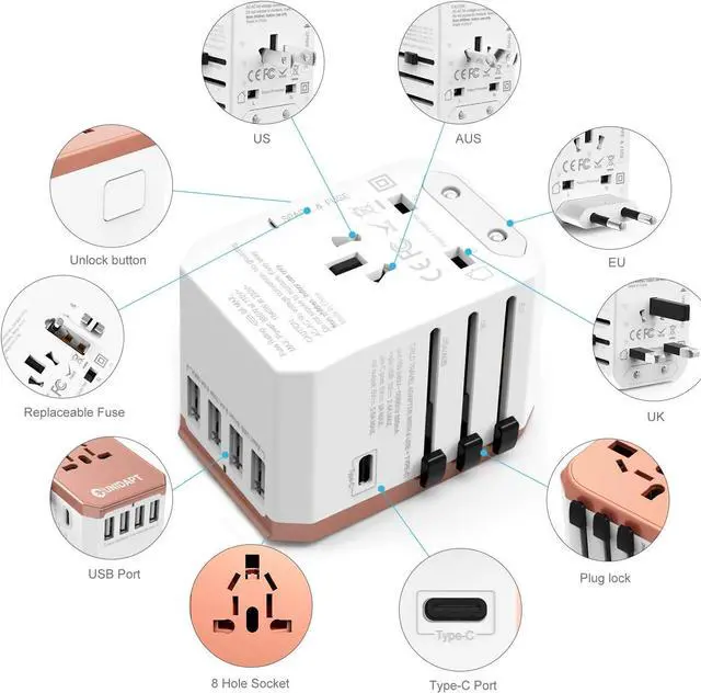 Alt view image 2 of 7 - International Plug Adapter, Unidapt Travel Adapter Worldwide - All in one Universal Charger USB Travel Power Adaptor with 5 USB for EU AU UK USA - 160 Countries (Rose Gold)