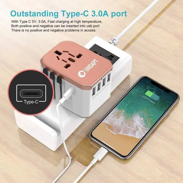 Alt view image 4 of 7 - International Plug Adapter, Unidapt Travel Adapter Worldwide - All in one Universal Charger USB Travel Power Adaptor with 5 USB for EU AU UK USA - 160 Countries (Rose Gold)
