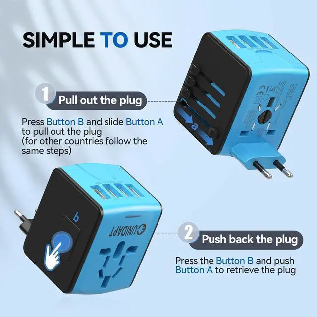 Alt view image 2 of 7 - Unidapt Universal Travel Adapter, International Plug Adapter Fast 2,4A 4-USB European Power Plug, AC Wall Charger  Worldwide Outlet for Europe US USA UK EU AUS, Blue