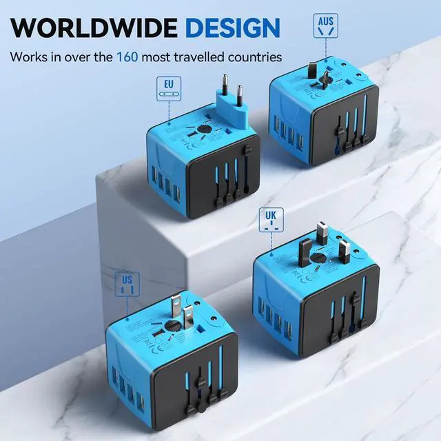 Alt view image 3 of 7 - Unidapt Universal Travel Adapter, International Plug Adapter Fast 2,4A 4-USB European Power Plug, AC Wall Charger  Worldwide Outlet for Europe US USA UK EU AUS, Blue