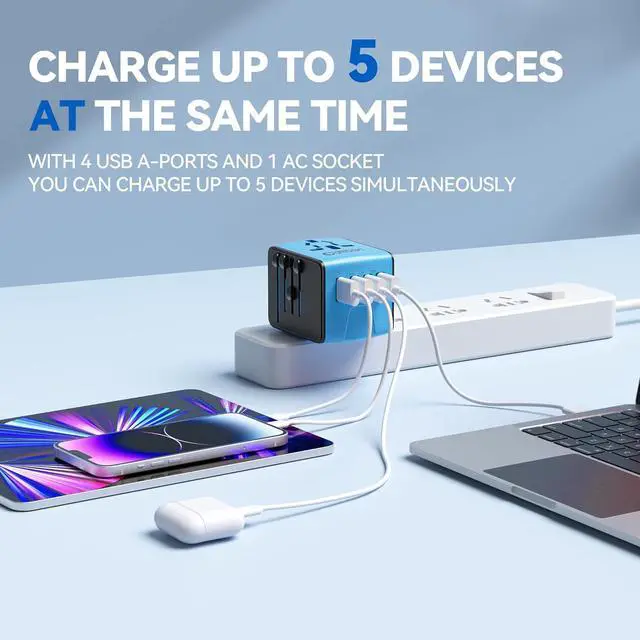 Alt view image 5 of 7 - Unidapt Universal Travel Adapter, International Plug Adapter Fast 2,4A 4-USB European Power Plug, AC Wall Charger  Worldwide Outlet for Europe US USA UK EU AUS, Blue