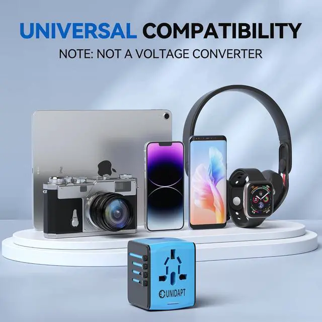 Alt view image 6 of 7 - Unidapt Universal Travel Adapter, International Plug Adapter Fast 2,4A 4-USB European Power Plug, AC Wall Charger  Worldwide Outlet for Europe US USA UK EU AUS, Blue
