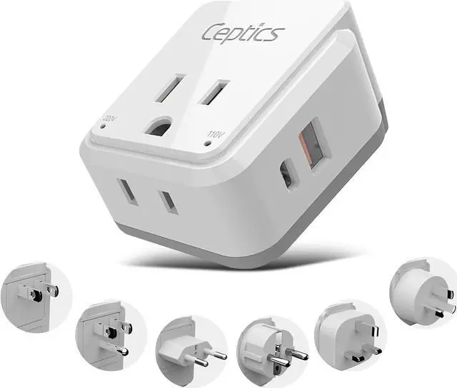 Main image of Ceptics World Power Plug Adapter Set, Dual USB & USB-C 3.1A, 20W with QC-PD, 2 USA Outlet Compact & Powerful, Use In Europe, Asia, Australia, Japan, Includes Type A, B, C, E/F, G, I SWadAPt Attachment
