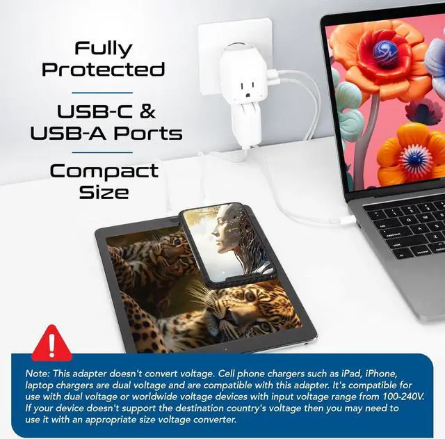 Alt view image 4 of 7 - Ceptics World Power Plug Adapter Set, Dual USB & USB-C 3.1A, 20W with QC-PD, 2 USA Outlet Compact & Powerful, Use In Europe, Asia, Australia, Japan, Includes Type A, B, C, E/F, G, I SWadAPt Attachment