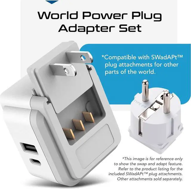 Alt view image 5 of 7 - Ceptics World Power Plug Adapter Set, Dual USB & USB-C 3.1A, 20W with QC-PD, 2 USA Outlet Compact & Powerful, Use In Europe, Asia, Australia, Japan, Includes Type A, B, C, E/F, G, I SWadAPt Attachment