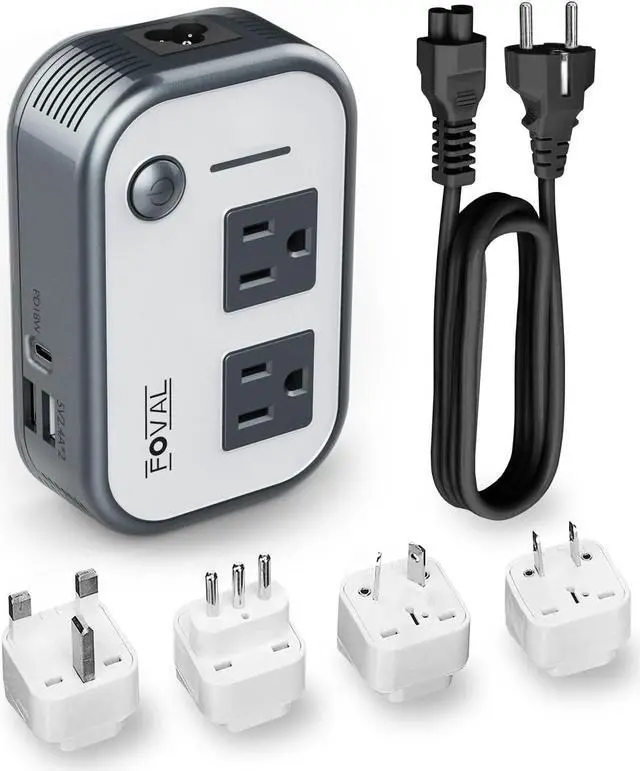 Main image of Step Down Power Converter - FOVAL 230W Travel Voltage Converter 220V to 110V International Plug Adapter with [Upgraded 18W PD USB-C] 3 USB Ports 2 AC Outlets US to Europe Italy UK AU Plug (Gray)