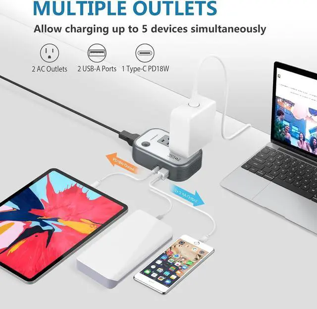 Alt view image 2 of 7 - Step Down Power Converter - FOVAL 230W Travel Voltage Converter 220V to 110V International Plug Adapter with [Upgraded 18W PD USB-C] 3 USB Ports 2 AC Outlets US to Europe Italy UK AU Plug (Gray)