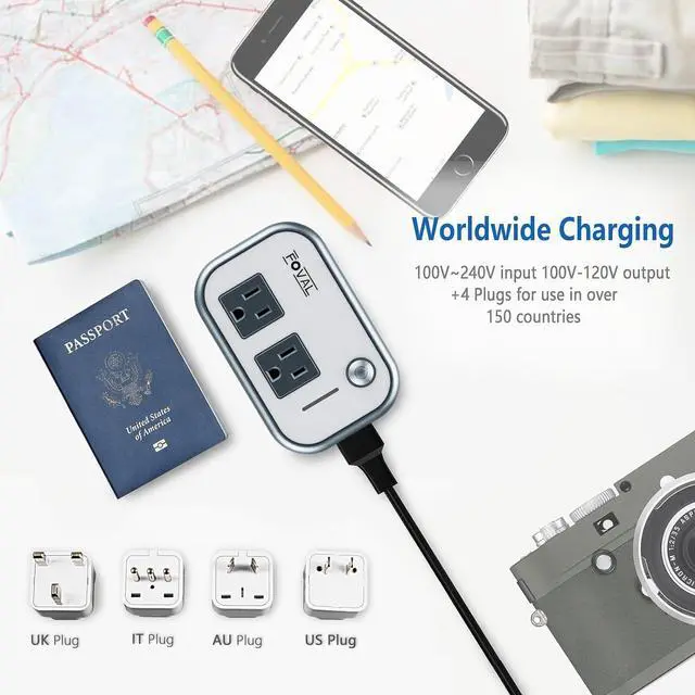 Alt view image 5 of 7 - Step Down Power Converter - FOVAL 230W Travel Voltage Converter 220V to 110V International Plug Adapter with [Upgraded 18W PD USB-C] 3 USB Ports 2 AC Outlets US to Europe Italy UK AU Plug (Gray)