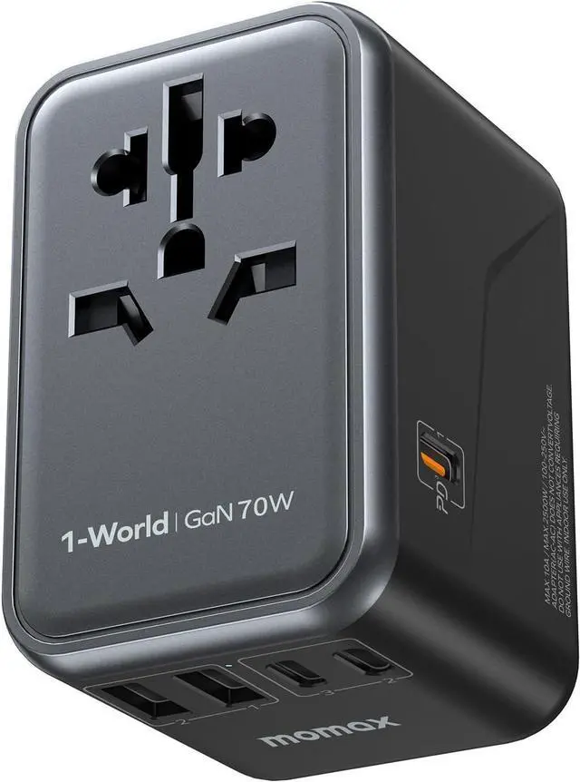Main image of MOMAX Universal Travel Adapter, GaN 70W International Power Adapter, 3 USB-C PD Fast Charging & 2 USB-A QC, 1 AC, All-in-one International Plug Adapter for Travel European UK AUS JP