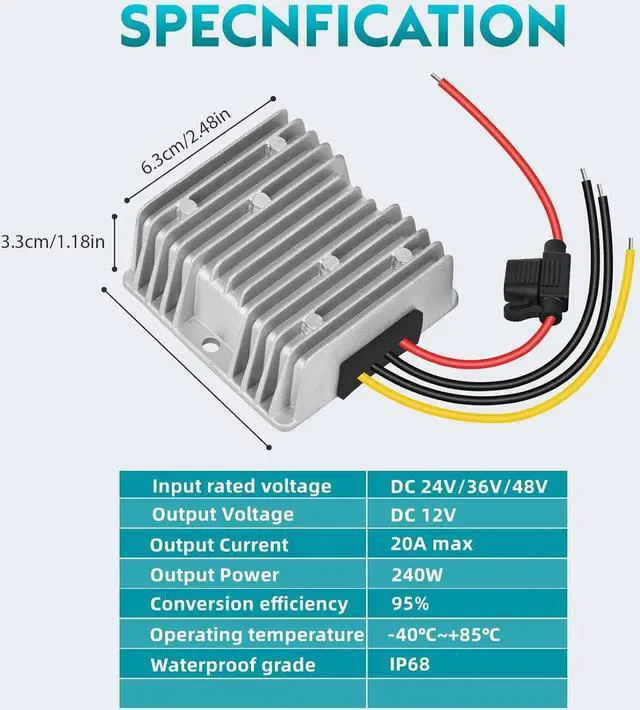 Alt view image 2 of 6 - KInuoxj 20A 240W DC-DC 24V 36V 48V Step Down to DC 12V Converter Golf Cart Voltage Reducer Regulator Waterproof Transformer with Fuse