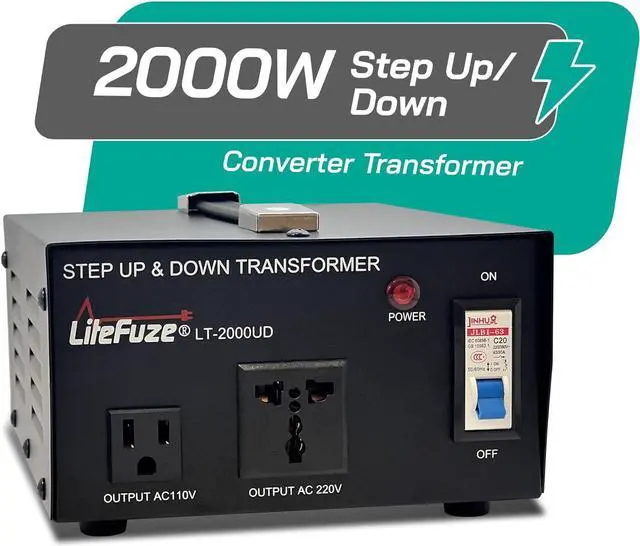 Alt view image 2 of 7 - 2000 Watt Voltage Converter Transformer Step Up/Down - 110v to 220v / 220v to 110v Power Converter - Fully USA Grounded Cord - Universal Outlet Socket, 2x US Outlets - CE Certified