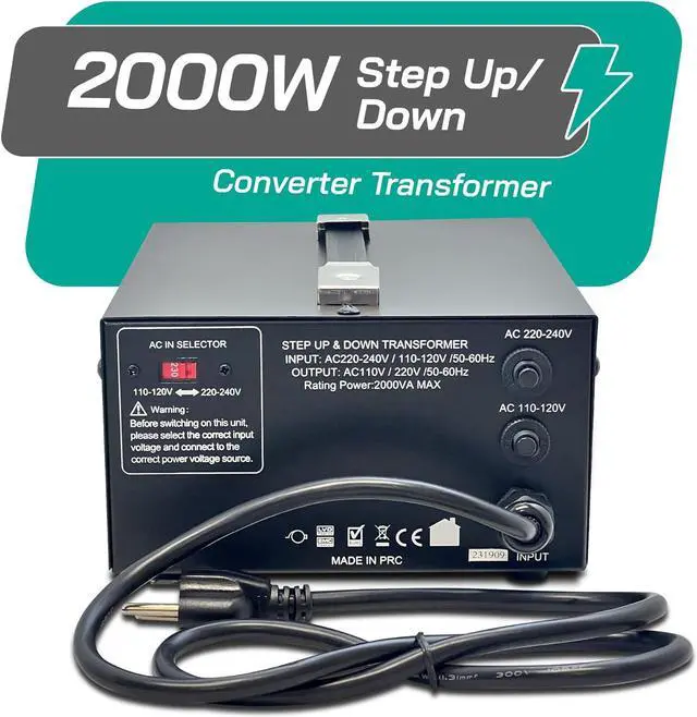 Alt view image 3 of 7 - 2000 Watt Voltage Converter Transformer Step Up/Down - 110v to 220v / 220v to 110v Power Converter - Fully USA Grounded Cord - Universal Outlet Socket, 2x US Outlets - CE Certified