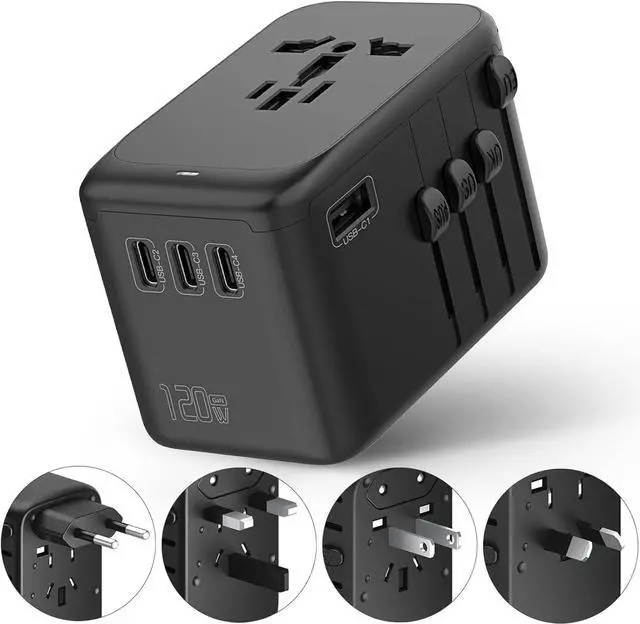 Main image of 120W International Travel Adapter, 4USB-C & 1USB-A Worldwide Power Adapter, GaN Fast Charger with UK EU AU US Plugs, All-in-One International Converter for Tablets Phones