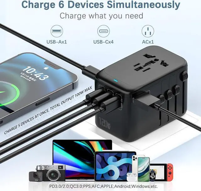 Alt view image 4 of 7 - 120W International Travel Adapter, 4USB-C & 1USB-A Worldwide Wall Charger, GaN Fast Charger with UK EU AU US Plugs, All-in-One International Converter for Laptops Tablets Phones