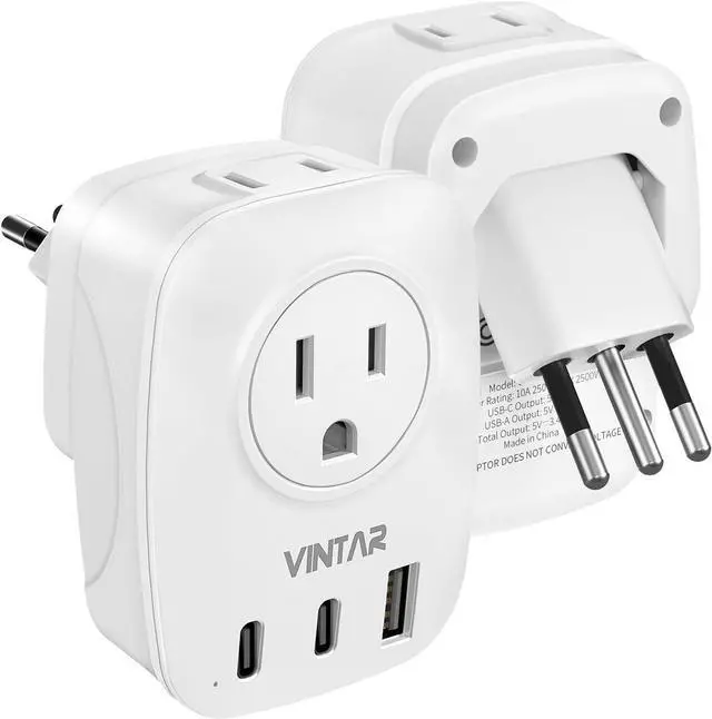 Main image of 1 Pack Italy Travel Plug Adapter, VINTAR Foldable Italy Power Adapter with 2 AC Outlets 1 USB and 2 USB C Ports, 3 Prong Grounded Type L Plug Adapter for US to Italy Rome Uruguay Chile