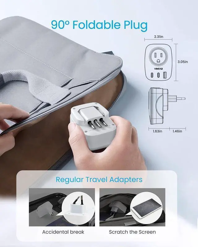 Alt view image 2 of 6 - 1 Pack Italy Travel Plug Adapter, VINTAR Foldable Italy Power Adapter with 2 AC Outlets 1 USB and 2 USB C Ports, 3 Prong Grounded Type L Plug Adapter for US to Italy Rome Uruguay Chile