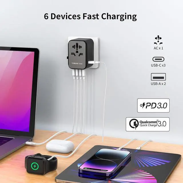 Alt view image 4 of 6 - MOMAX Universal Travel Adapter Worldwide 35W, Fast Charging International Power Adapter with PD3.0, QC3.0, USB C, All in One World Plug Adapter for US EU UK AUS Laptops Tablets Phones, Small Size