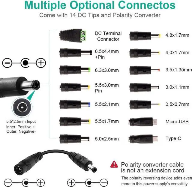 Alt view image 3 of 7 - 120W Universal Power Supply Adjustable DC 3V ~ 24V Variable Switching AC/DC Adapter 100V-240V AC to DC 24V 5A Converter with 14 Tips & Polarity Converter - 5000mA Max