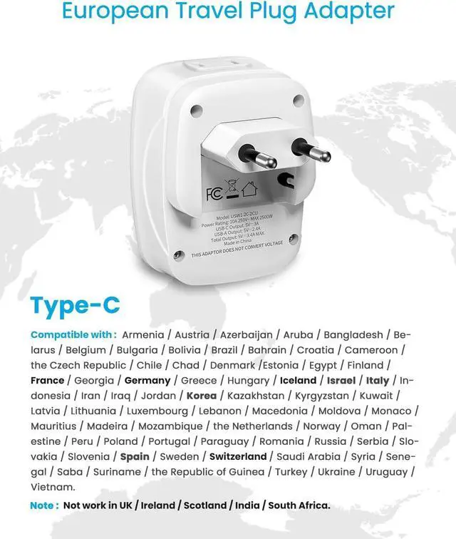 Alt view image 3 of 6 - [2 Pack] European Travel Plug Adapter, VINTAR Foldable International Power Plug with 2 AC Outlets 3 USB Ports(2 USB C), Type C Travel Essentials Charger for US to Most of Europe EU Italy Spain France