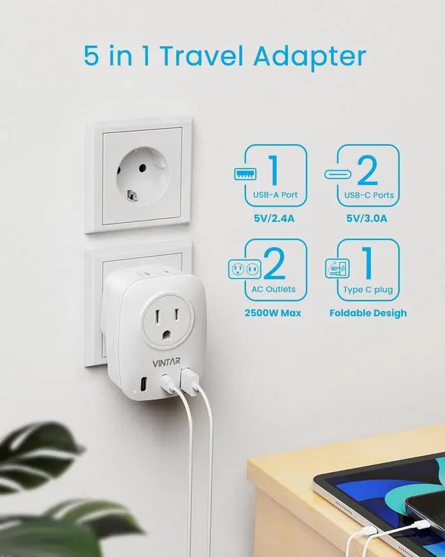 Alt view image 4 of 6 - [2 Pack] European Travel Plug Adapter, VINTAR Foldable International Power Plug with 2 AC Outlets 3 USB Ports(2 USB C), Type C Travel Essentials Charger for US to Most of Europe EU Italy Spain France