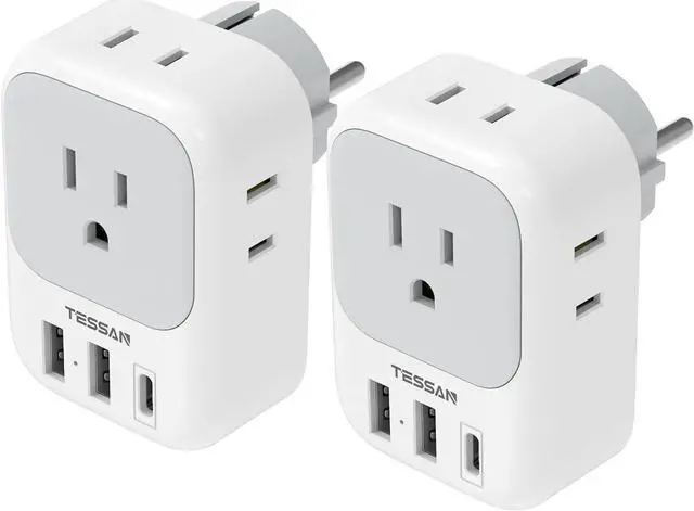 Main image of TESSAN 2 Pack Type E F Plug Adapter USB C, Germany France Power Adaptor with 3 USB Charger Ports(1 USB C), 4 AC Outlets Travel Plug for US to Europe EU Spain Iceland Korea Greece Russia German French