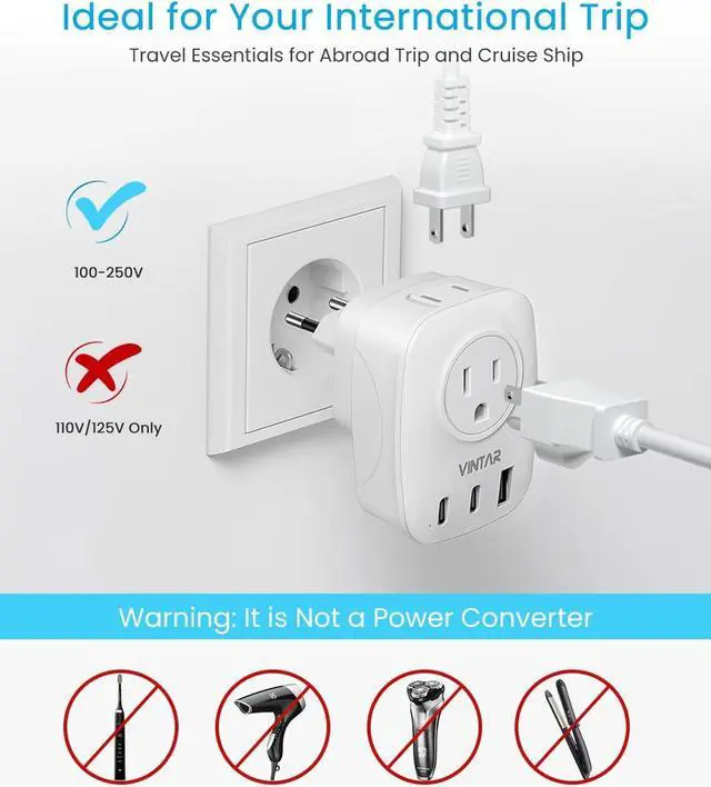 Alt view image 6 of 6 - [2 Pack] European Travel Plug Adapter, VINTAR Foldable International Power Plug with 2 AC Outlets 3 USB Ports(2 USB C), Type C Travel Essentials Charger for US to Most of Europe EU Italy Spain France