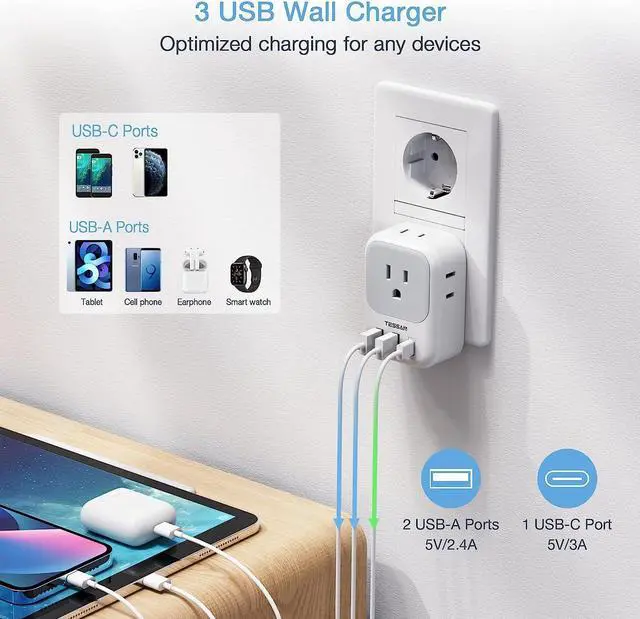 Alt view image 3 of 6 - TESSAN Type E F Plug Adapter, Germany France Power Adapter with 3 USB Ports(1 USB C), 4 AC Outlets Travel Converter Plug Adaptor for US to Europe EU Spain Iceland Korea Greece Russia German French
