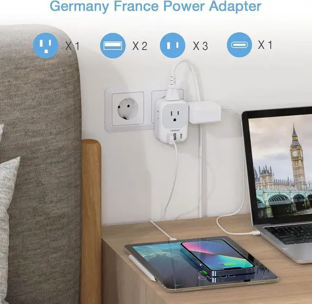 Alt view image 2 of 6 - TESSAN Type E F Plug Adapter, Germany France Power Adapter with 3 USB Ports(1 USB C), 4 AC Outlets Travel Converter Plug Adaptor for US to Europe EU Spain Iceland Korea Greece Russia German French
