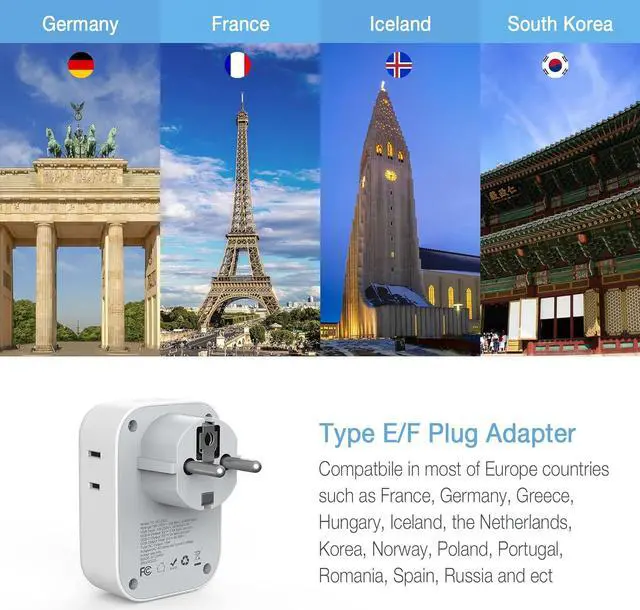 Alt view image 4 of 6 - TESSAN Type E F Plug Adapter, Germany France Power Adapter with 3 USB Ports(1 USB C), 4 AC Outlets Travel Converter Plug Adaptor for US to Europe EU Spain Iceland Korea Greece Russia German French