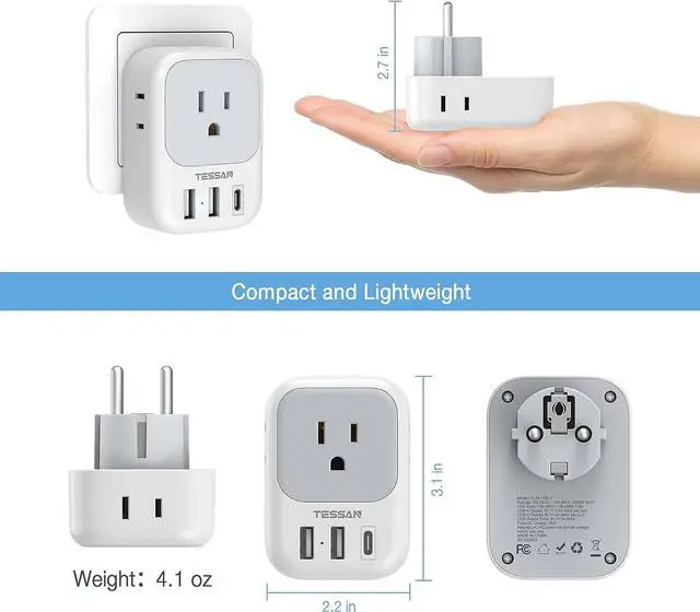 Alt view image 5 of 6 - TESSAN Type E F Plug Adapter, Germany France Power Adapter with 3 USB Ports(1 USB C), 4 AC Outlets Travel Converter Plug Adaptor for US to Europe EU Spain Iceland Korea Greece Russia German French