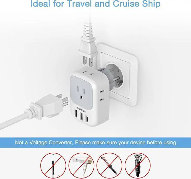 Alt view image 6 of 6 - TESSAN Type E F Plug Adapter, Germany France Power Adapter with 3 USB Ports(1 USB C), 4 AC Outlets Travel Converter Plug Adaptor for US to Europe EU Spain Iceland Korea Greece Russia German French