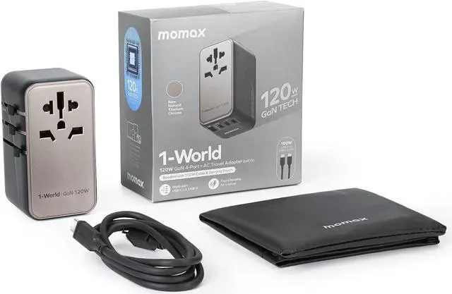 Main image of MOMAX 120W Universal Travel Adapter, GaN Technology, EU/UK/AUS/US/JP Worldwide, Fast Charging for iPhone, MacBook pro, Vision Pro, Charging Cable Included