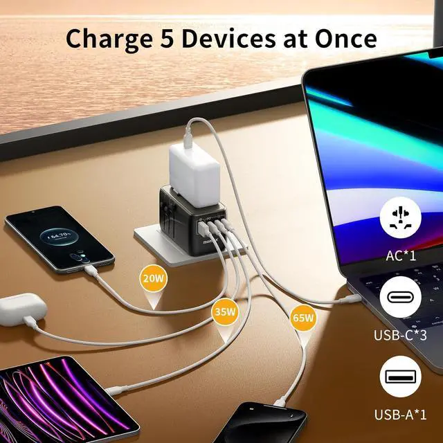 Alt view image 4 of 6 - MOMAX 120W Universal Travel Adapter, GaN Technology, EU/UK/AUS/US/JP Worldwide, Fast Charging for iPhone, MacBook pro, Vision Pro, Charging Cable Included