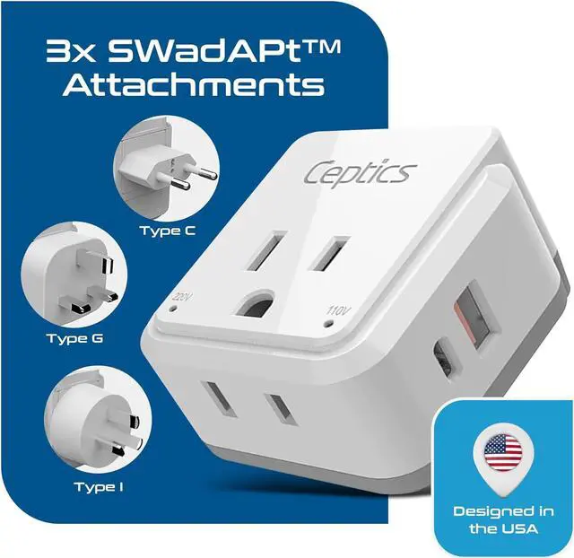 Alt view image 4 of 7 - Ceptics China, Malaysia Power Adapter Travel Set, 20W PD & QC, Safe Dual USB & USB-C 3.1A2 USA Outlet - Compact-Use in Hong Kong, Kuwait, Singapore, Iraq - Includes Type G, I, C SWadAPt Attachments