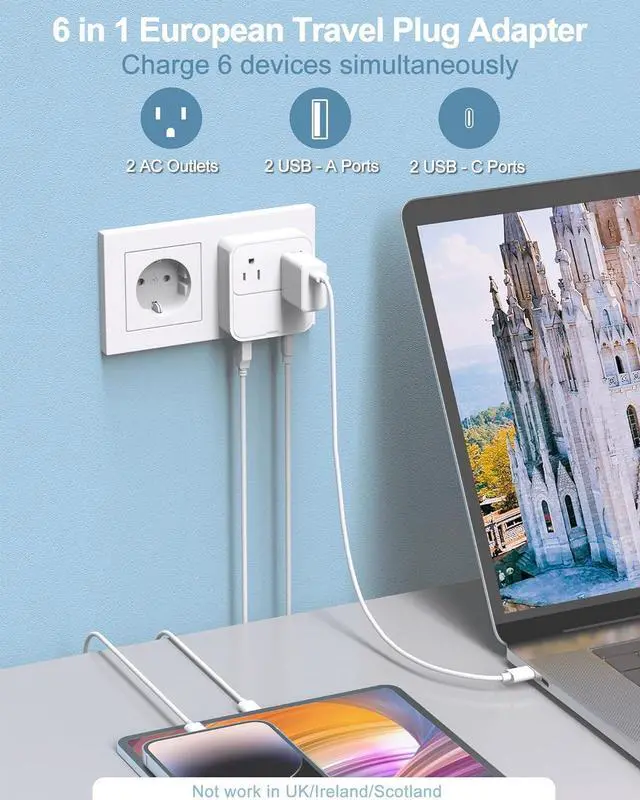 Alt view image 2 of 7 - VHBW European Travel Plug Adapter,20W USB C Power Adapter Fast Charger with 2 AC Outlets, 2 USB-C Ports, 2 USB-A Ports,Type C EU Power Adaptor for US to Most of Europe Spain Italy France