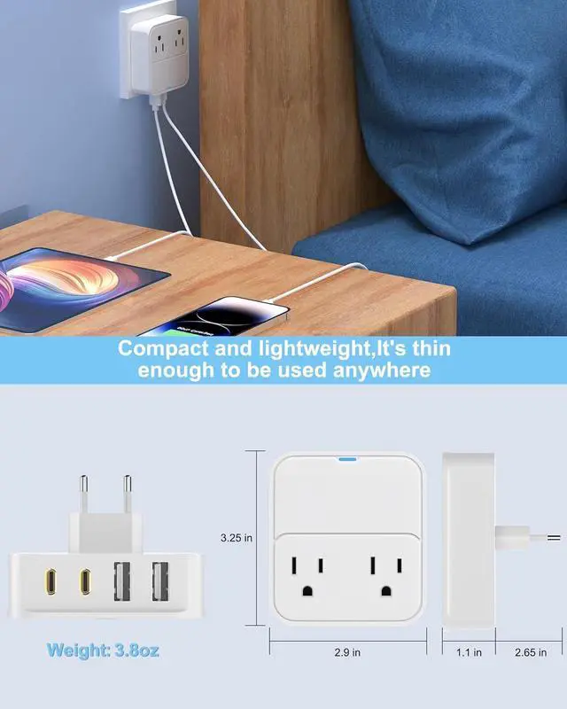 Alt view image 4 of 7 - VHBW European Travel Plug Adapter,20W USB C Power Adapter Fast Charger with 2 AC Outlets, 2 USB-C Ports, 2 USB-A Ports,Type C EU Power Adaptor for US to Most of Europe Spain Italy France