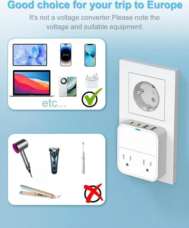 Alt view image 5 of 7 - VHBW European Travel Plug Adapter,20W USB C Power Adapter Fast Charger with 2 AC Outlets, 2 USB-C Ports, 2 USB-A Ports,Type C EU Power Adaptor for US to Most of Europe Spain Italy France