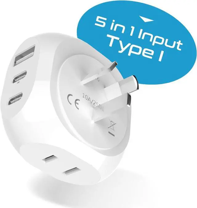 Alt view image 2 of 6 - Ceptics Australia, China Travel Adapter - 5 Input with 20W PD-QC 3.1A Dual USB-C and USB - Ultra Compact - Light Weight - USA to Any Type I Countries Such as New Zealand, Argentina and More