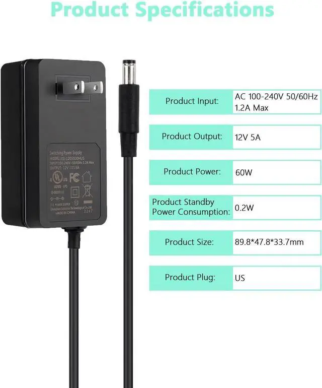Alt view image 7 of 7 - 12V 5A DC Power Supply Adapter,UL Listed 12V 60W Power Supply with 5.5x2.1mm Plug&LED Plug,100V-240V 50-60Hz AC/DC Power Adapter 12 Volt 5Amp Power Supply for LED Strip Lights CCTV Camera