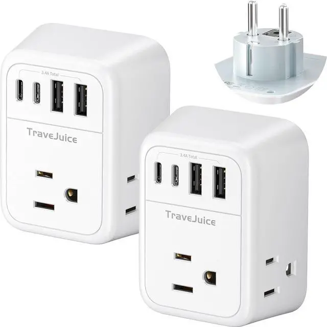 Main image of [2-Pack] Type E/F Plug Adapter, TraveJuice European Travel Plug Adapter with 4 Outlets 4 USB Ports (2 USB-C), Travel Essentials for US to Europe EU Spain Iceland Korea Greece Russia
