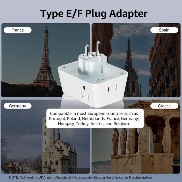 Alt view image 2 of 7 - [2-Pack] Type E/F Plug Adapter, TraveJuice European Travel Plug Adapter with 4 Outlets 4 USB Ports (2 USB-C), Travel Essentials for US to Europe EU Spain Iceland Korea Greece Russia