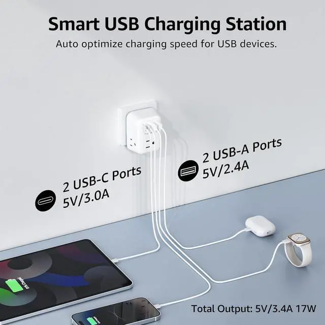 Alt view image 3 of 7 - [2-Pack] Type E/F Plug Adapter, TraveJuice European Travel Plug Adapter with 4 Outlets 4 USB Ports (2 USB-C), Travel Essentials for US to Europe EU Spain Iceland Korea Greece Russia