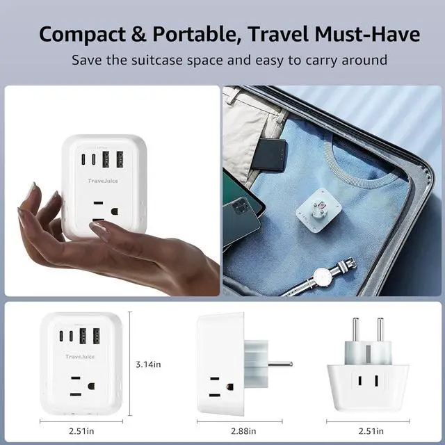 Alt view image 5 of 7 - [2-Pack] Type E/F Plug Adapter, TraveJuice European Travel Plug Adapter with 4 Outlets 4 USB Ports (2 USB-C), Travel Essentials for US to Europe EU Spain Iceland Korea Greece Russia