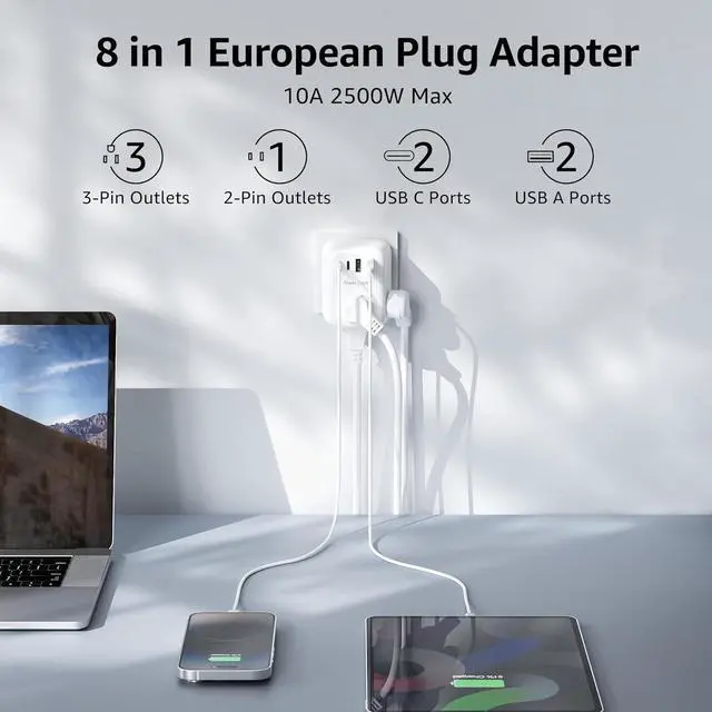 Alt view image 6 of 7 - [2-Pack] Type E/F Plug Adapter, TraveJuice European Travel Plug Adapter with 4 Outlets 4 USB Ports (2 USB-C), Travel Essentials for US to Europe EU Spain Iceland Korea Greece Russia